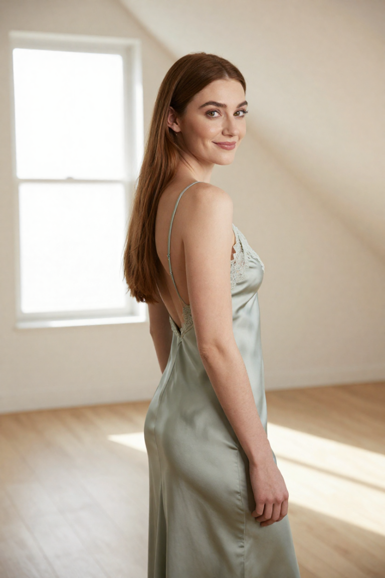 Fictional 27-year-old muse in a sage-green silk dress in the HuarenSpace loft